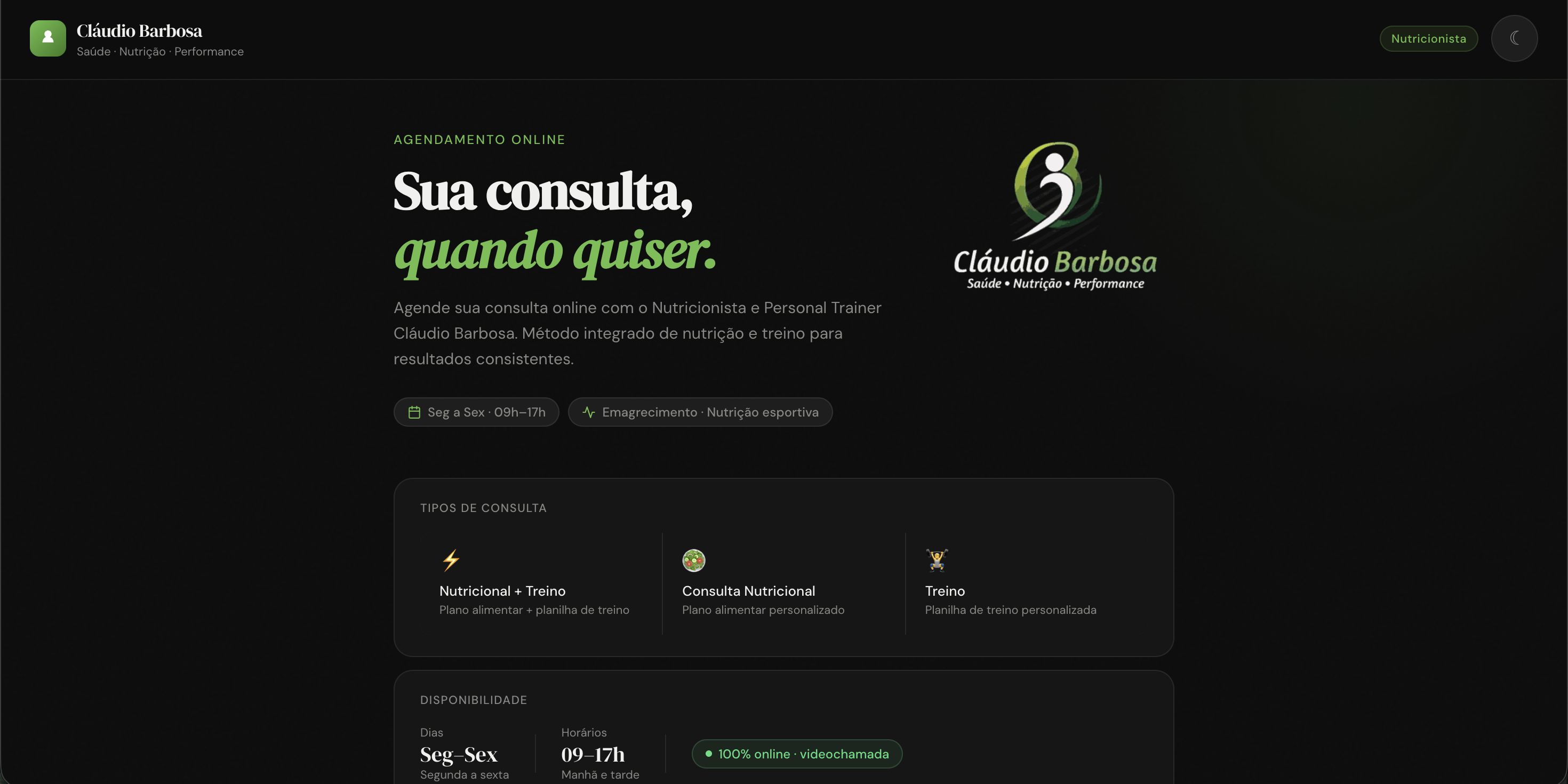 Preview da landing page de agendamento do Cláudio Barbosa